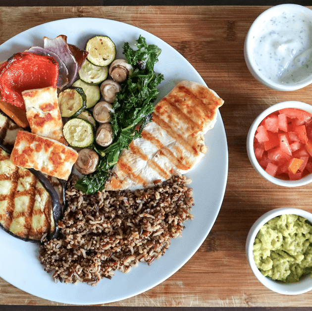 Grilled Chicken & Eggplant with Halloumi & Vegetables