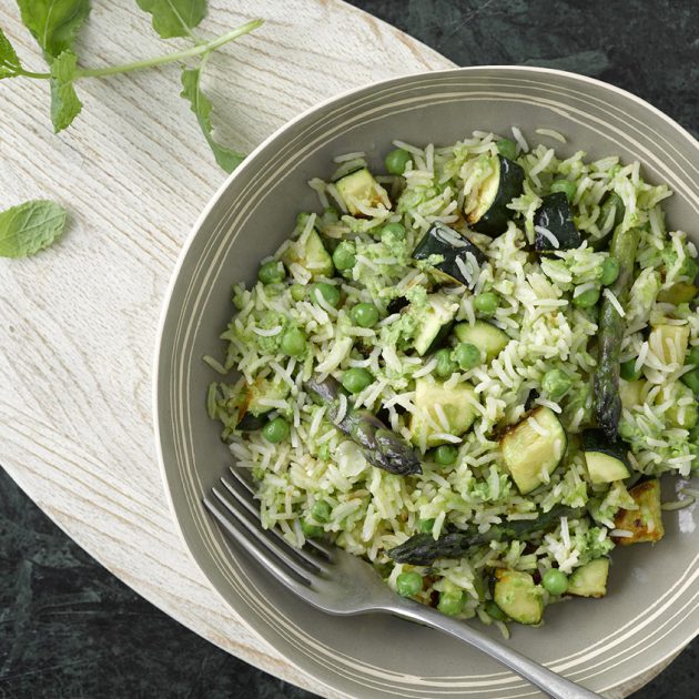 Veggie Zucchini & Asparagus Risotto with Minted Pea Puree