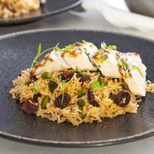 Basmati Pilaf with Turkey, Pistachio, Cranberries, Parsley, and Thyme