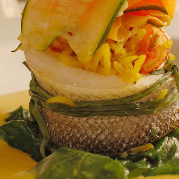 Paupiette of Sea Bass with a Korma-flavored Basmati & Crayfish Stuffing